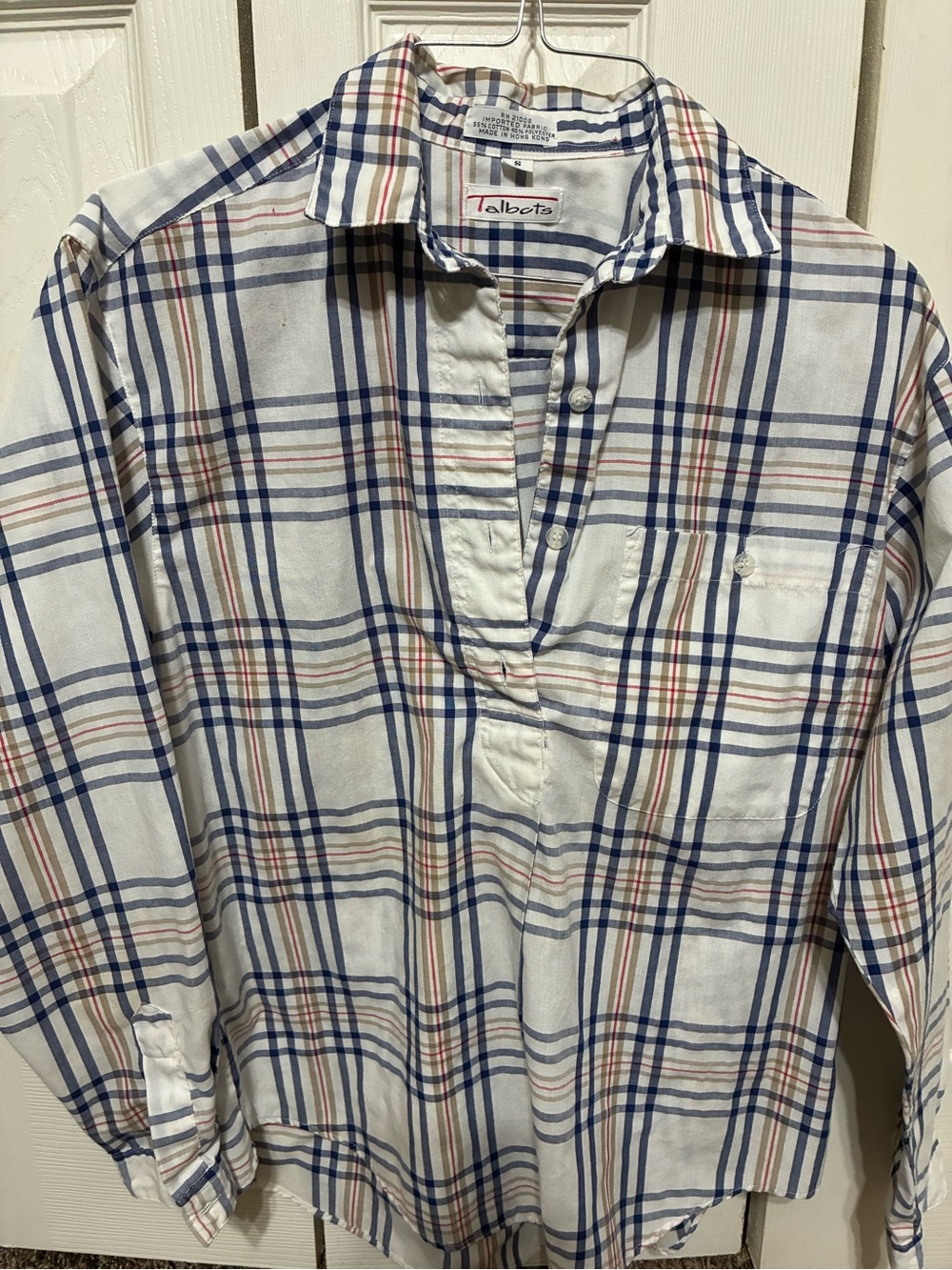 Talbots White Plaid Button-Down Shirt with Blue and Red Stripes